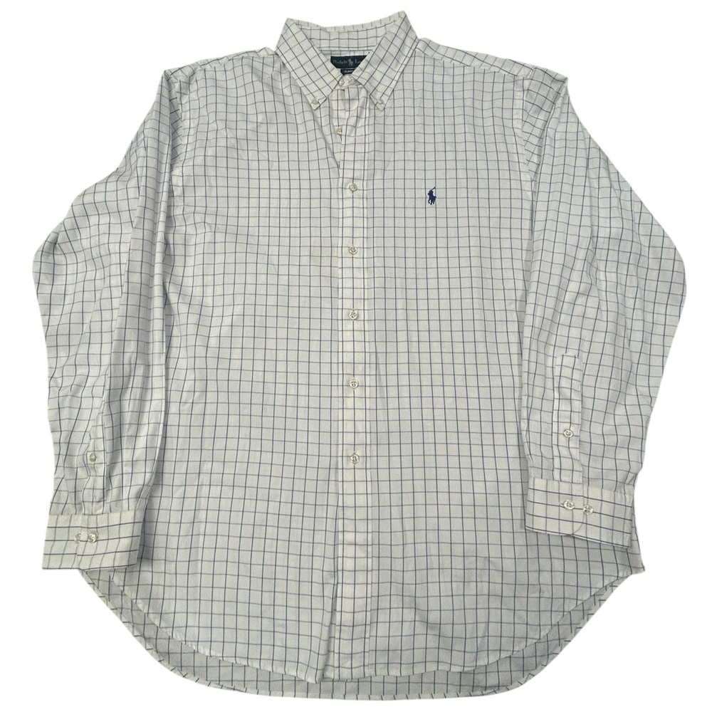 Ralph‎ Lauren Polo Men's Blue and White Square Stripes Dress Shirt